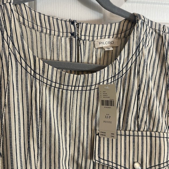 NWT Pilcro Short-Sleeve Denim Mini Swing Dress XSP cream navy stripe - Picture 6 of 6